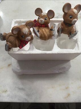 Set of 3 Homco Brown Mouse Figurines with Red Scarves